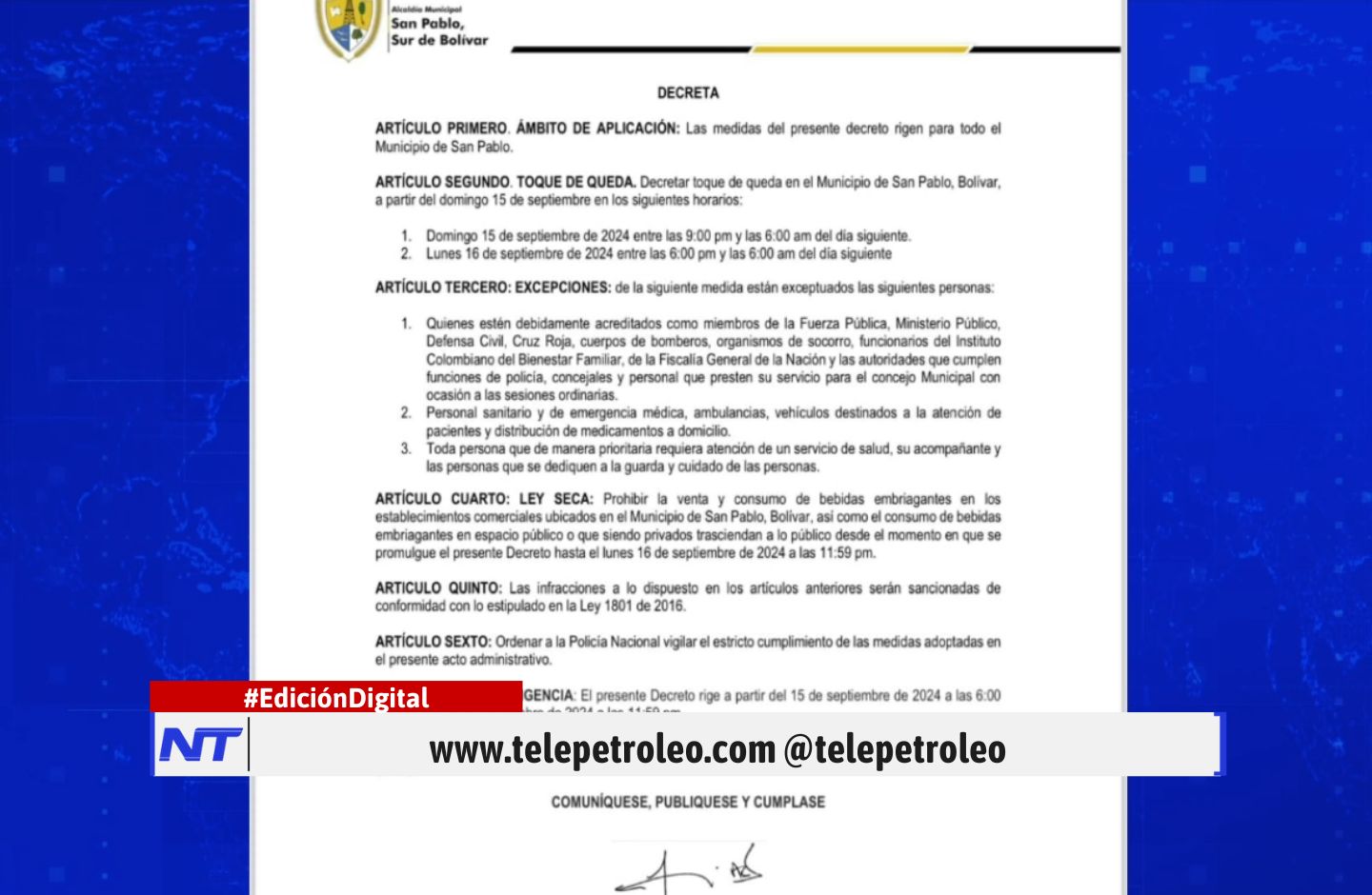 Toque de queda en San Pablo Bolívar, toque de queda en Bolívar, violencia en San Pablo Bolívar, ataque en San Pablo Bolívar, medidas de seguridad en San Pablo, ley seca en Bolívar, grupos armados en Bolívar, autoridades locales en San Pablo, seguridad en San Pablo Bolívar, comunidad afectada en San Pablo Bolívar.