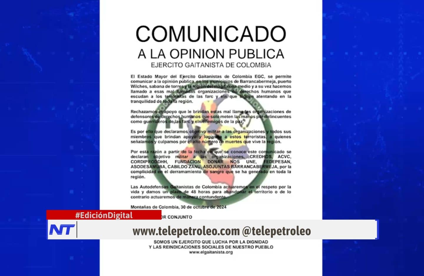 amenaza a organizaciones de derechos humanos en Colombia, amenazas a líderes sociales en Colombia, seguridad en Barrancabermeja, panfleto amenazante en Colombia, derechos humanos en Colombia, Clan del Golfo y derechos humanos, autodefensas en Colombia, protección de líderes sociales, seguridad para organizaciones de derechos humanos, conflicto armado en Colombia, ejército gaitanista en Barrancabermeja.