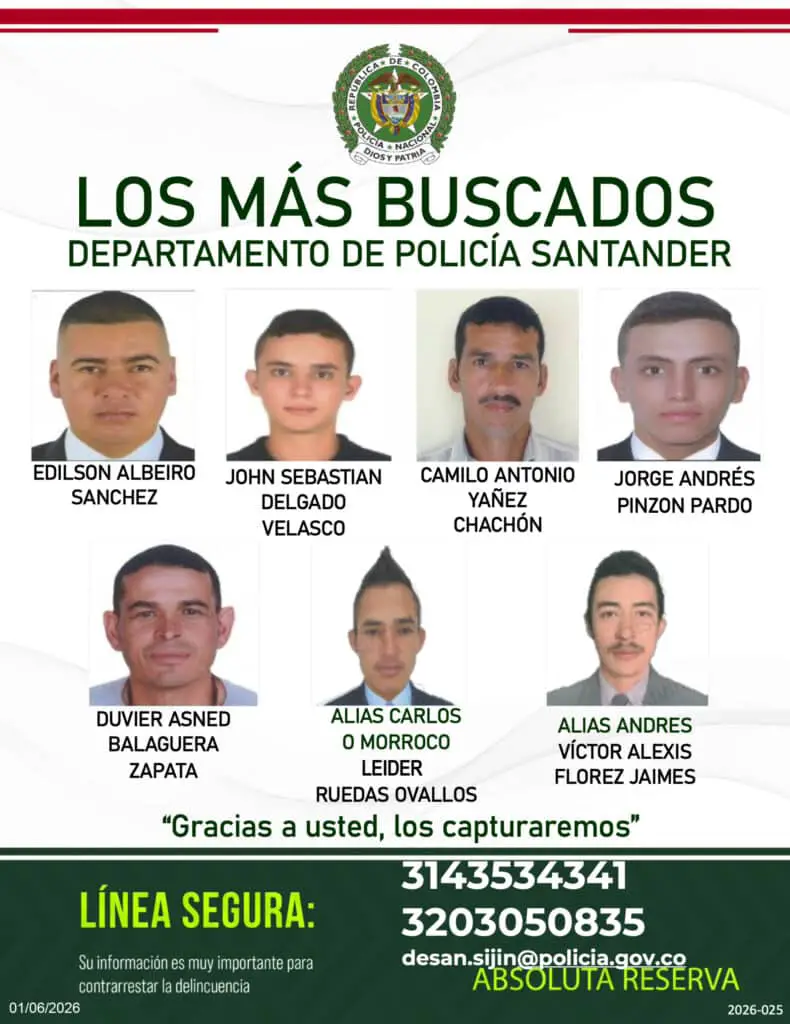 Cartel de los más buscados de Santander: autoridades ofrecen recompensas para capturar a requeridos por graves delitos