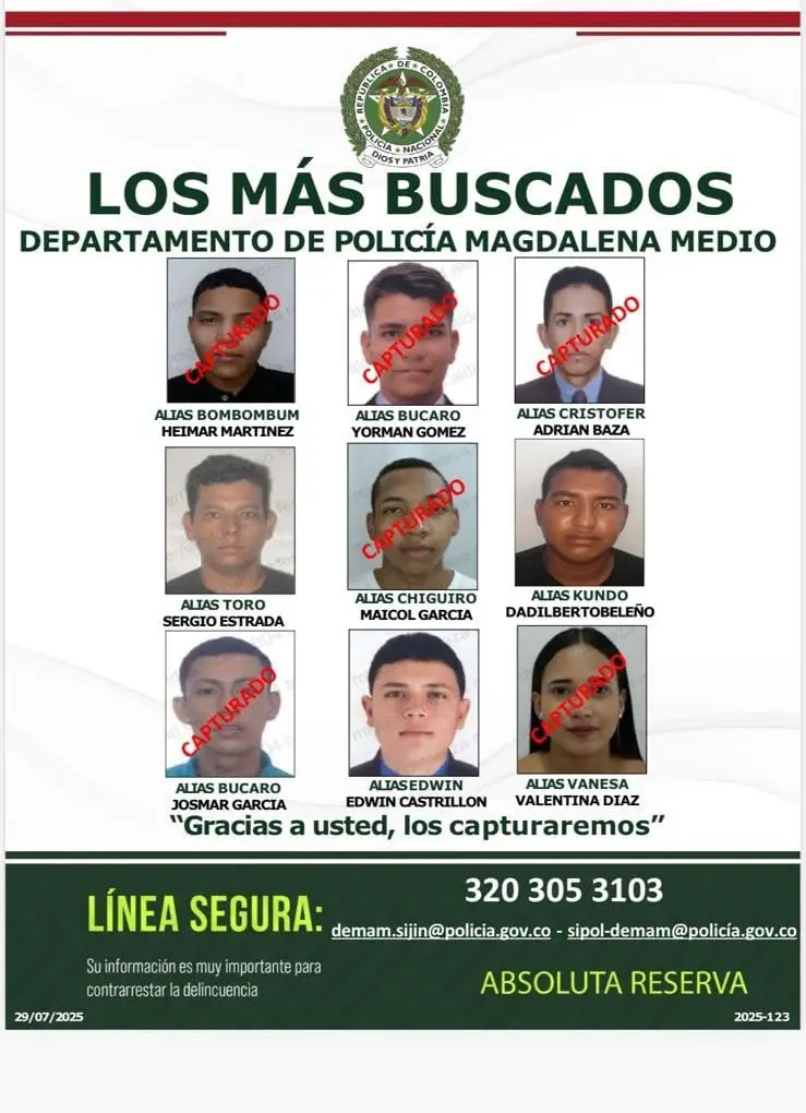 Cartel de los más buscados del Magdalena Medio