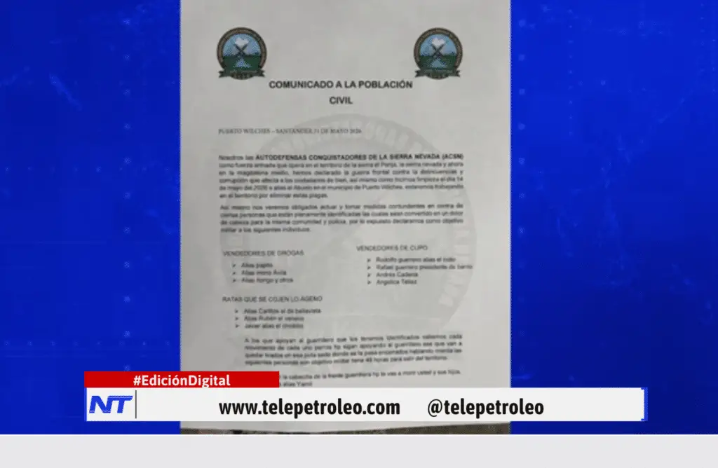 Panfleto amenazante en Puerto Wilches genera alarma entre líderes sociales y políticos