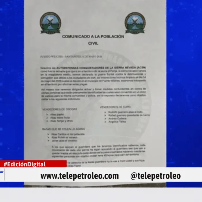 Panfleto amenazante en Puerto Wilches genera alarma entre líderes sociales y políticos