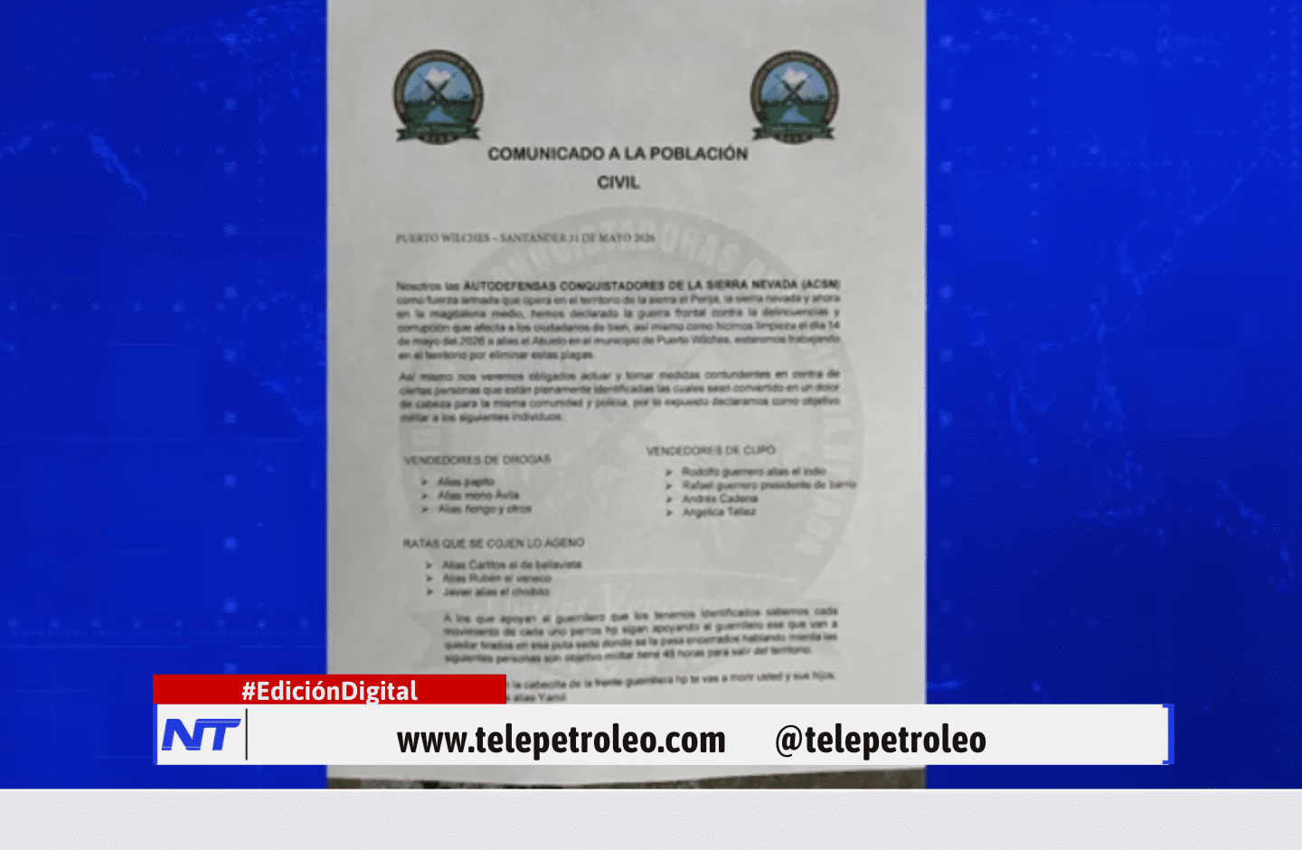Panfleto amenazante en Puerto Wilches genera alarma entre líderes sociales y políticos