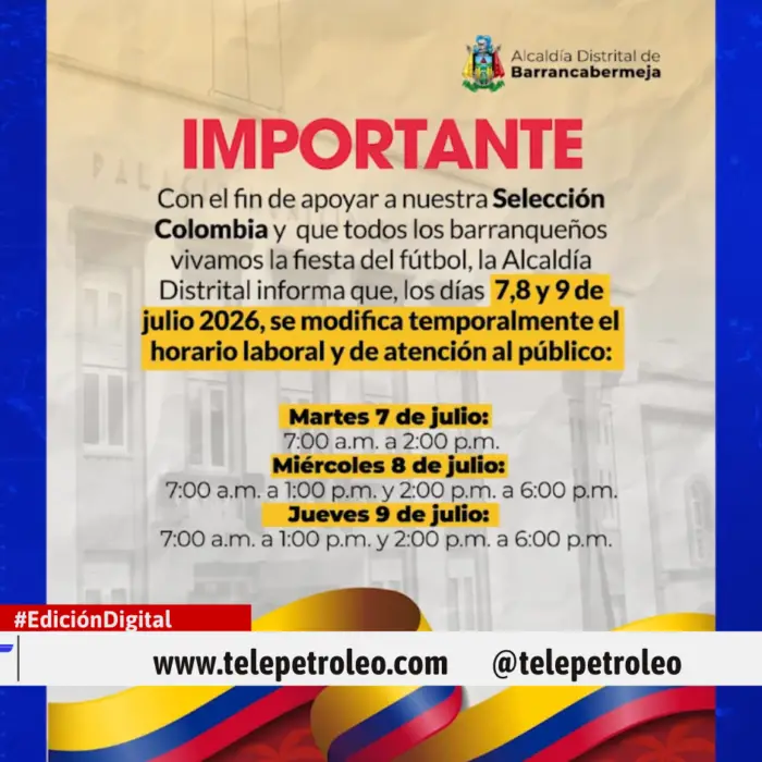 Cambio de horario en la Alcaldía de Barrancabermeja por participación de Colombia en el Mundial 2026