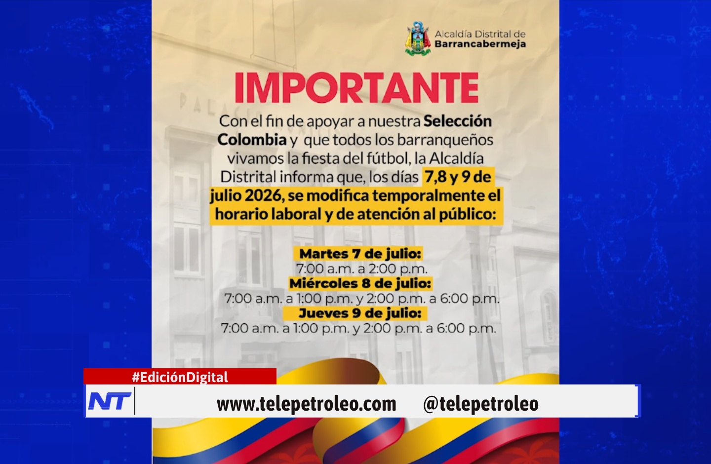Cambio de horario en la Alcaldía de Barrancabermeja por participación de Colombia en el Mundial 2026